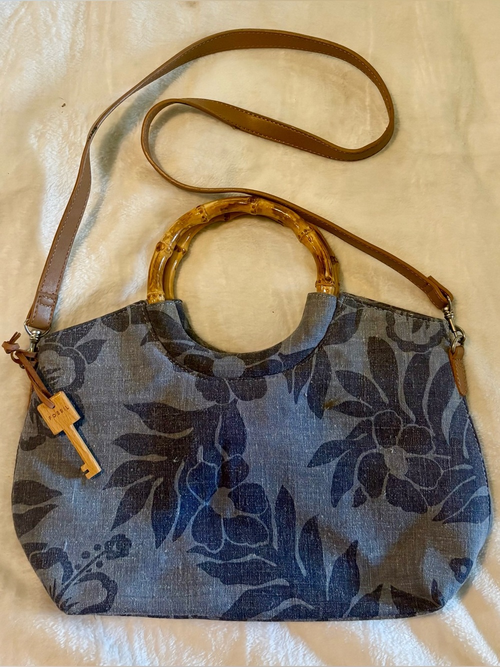 Fossil Blue Floral Denim Shoulder Bag with Bamboo Handles